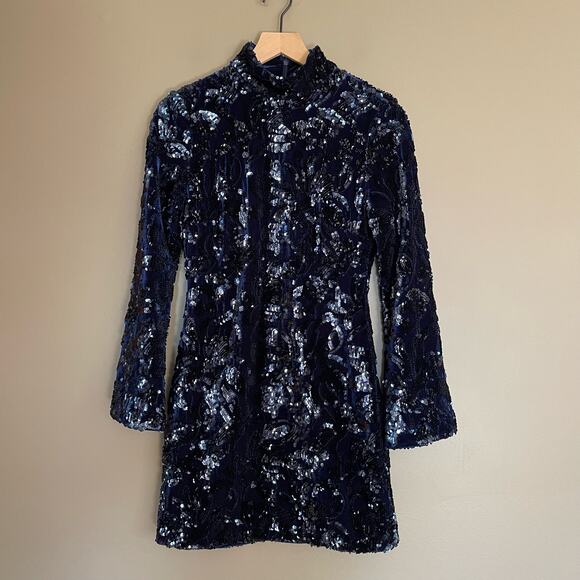 Alexis Rhapsody Dress Navy Blue Velvet Sequin Size Medium Turtleneck Mini Sexy - Picture 7 of 16